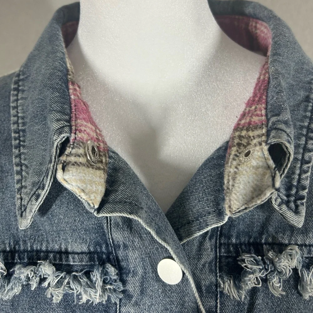Umgee Boho Oversized Baggy Distressed Fringe Washed Denim & Plaid Shacket Sz M